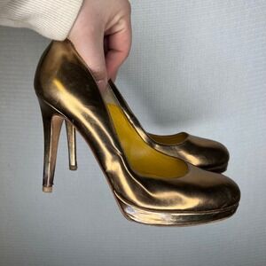 LK Bennett Bronze Metallic Leather Platform Pumps Round Toe Stiletto Heels 39